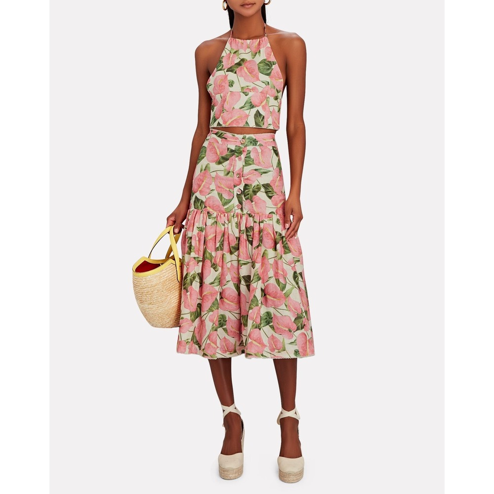 NWOT Agua By Agua Bendita Ciruela Anturios Floral Linen Midi Skirt Embroidered S